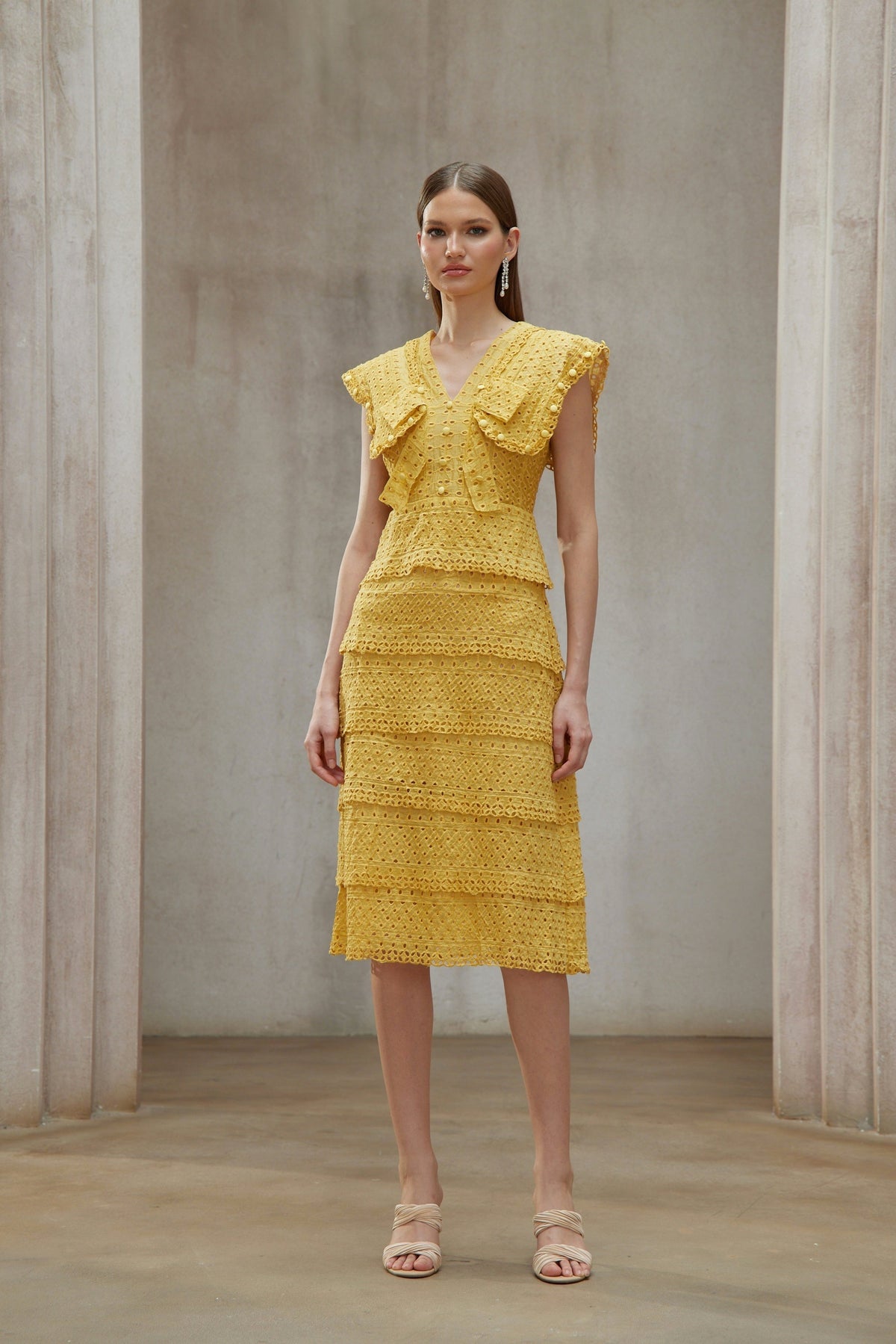Fidji Yellow Layered Embroidered Midi Dress