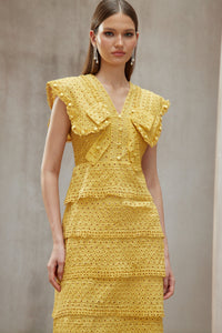 Fidji Yellow Layered Embroidered Midi Dress
