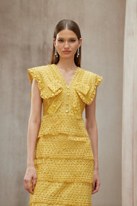 Fidji Yellow Layered Embroidered Midi Dress