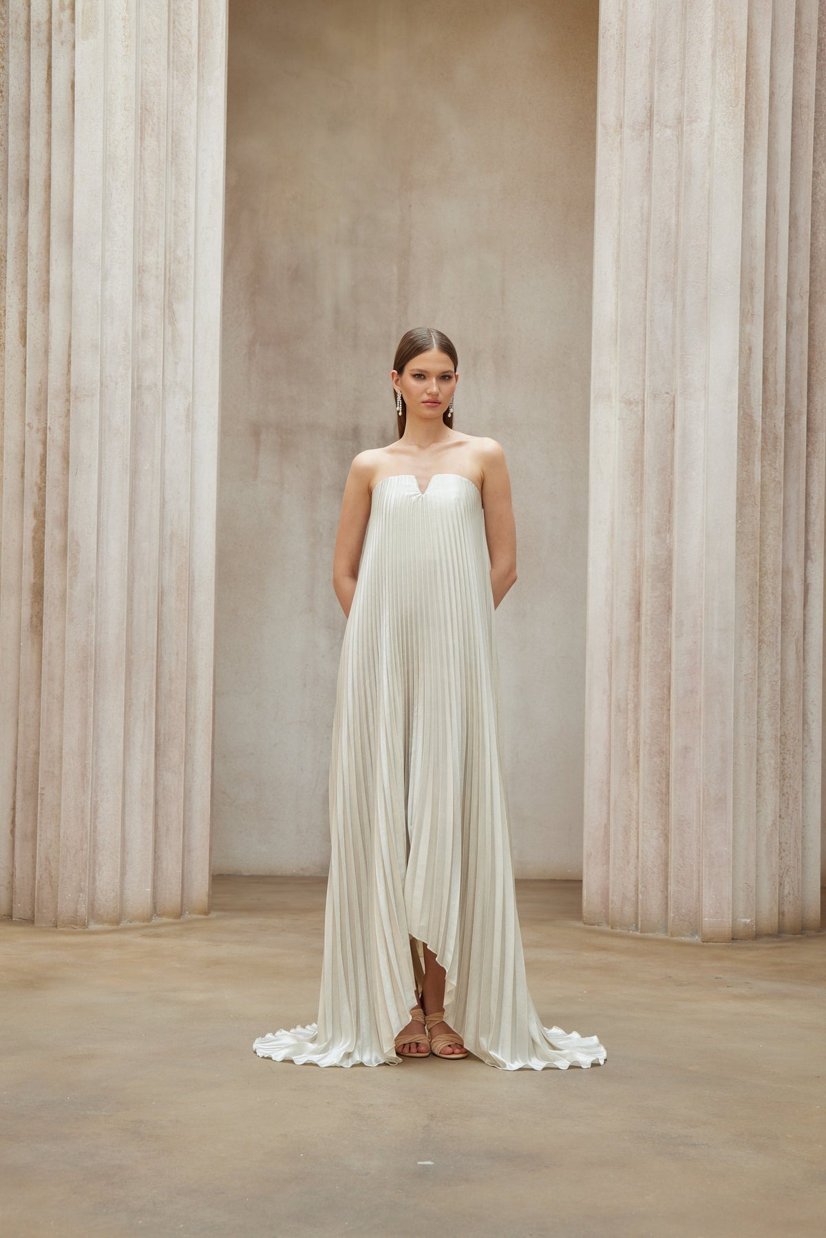 Satiné Gold Fully-pleated Maxi Dress
