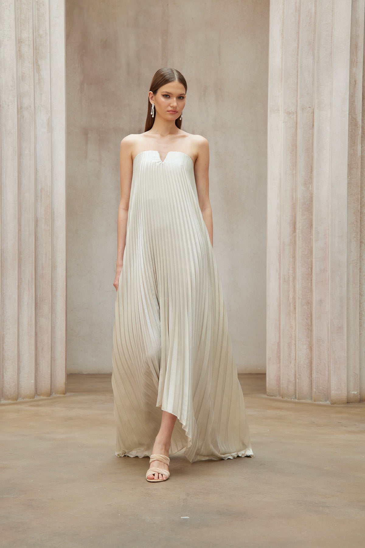 Satiné Gold Fully-pleated Maxi Dress