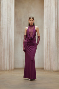 Borbála Magenta Lace Bodice Ruched Maxi Dress