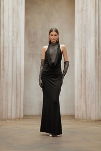 Borbála Black Lace Bodice Ruched Maxi Dress