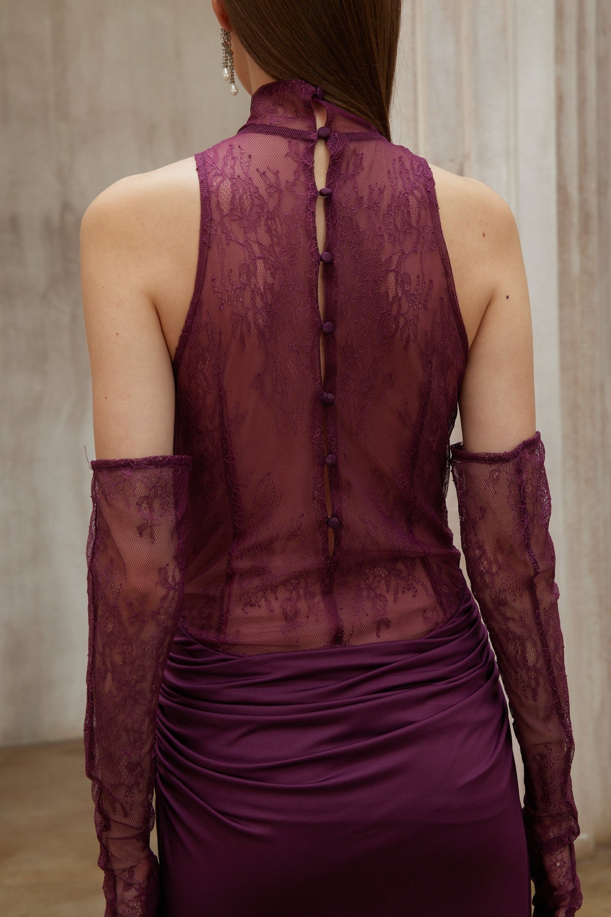 Borbála Magenta Lace Bodice Ruched Maxi Dress
