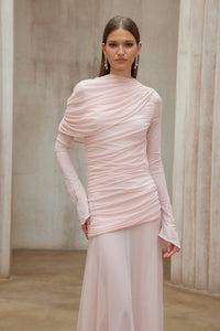 Garance Pink Asymmetrical Ruched Mesh Maxi Dress