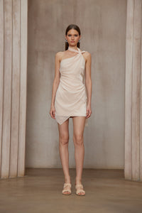 Amber Light Pink Asymmetrical Draped Chiffon Mini Dress