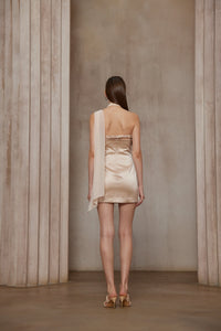 Amber Light Pink Asymmetrical Draped Chiffon Mini Dress