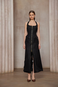 Adrienne black denim front-slit contrast-stitching maxi dress