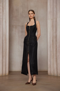 Adrienne black denim front-slit contrast-stitching maxi dress