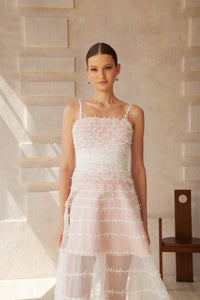 Eléonore White Creased Tulle Midi Dress