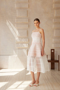 Eléonore White Creased Tulle Midi Dress