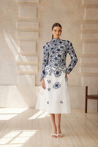 Caméo Blue Floral Embroidered Tulle Midi Dress
