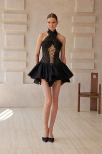 Pénélope Black Halterneck Lace Panel Mini Dress