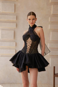 Pénélope Black Halterneck Lace Panel Mini Dress