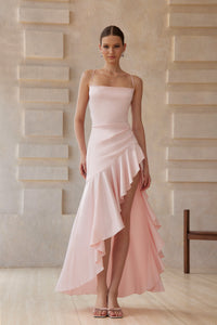 Léna Pink Asymmetrical Satin Midi Dress
