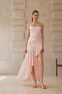 Léna Pink Asymmetrical Satin Midi Dress