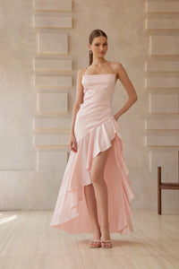 Léna Pink Asymmetrical Satin Midi Dress