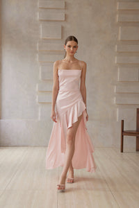 Léna Pink Asymmetrical Satin Midi Dress