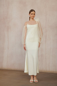 Héloïse White Floral Tulle Blouse & Satin Dress Set