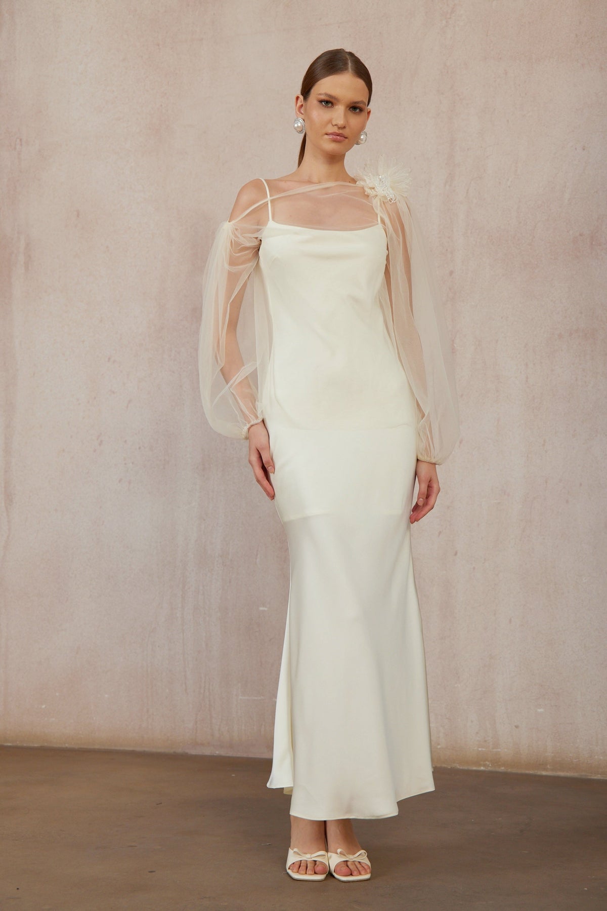 Héloïse White Floral Tulle Blouse & Satin Dress Set