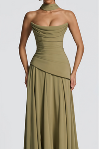 Romane Green Strapless Corset Chiffon Maxi Dress