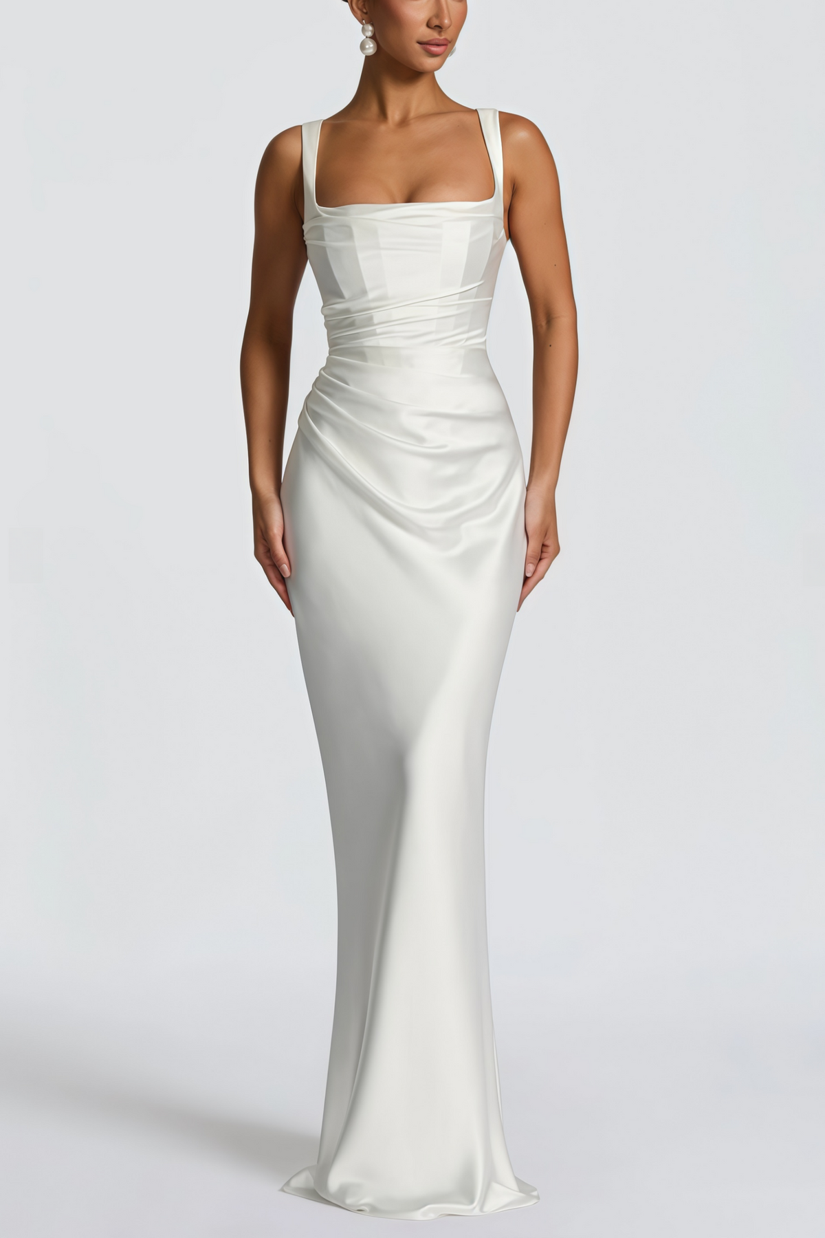 Inmaculada White Ruched Satin Maxi Dress (Without Gloves)