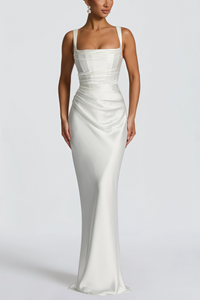 Inmaculada White Ruched Satin Maxi Dress (Without Gloves)