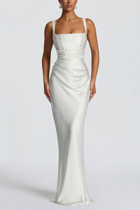 Inmaculada White Ruched Satin Maxi Dress (Without Gloves)