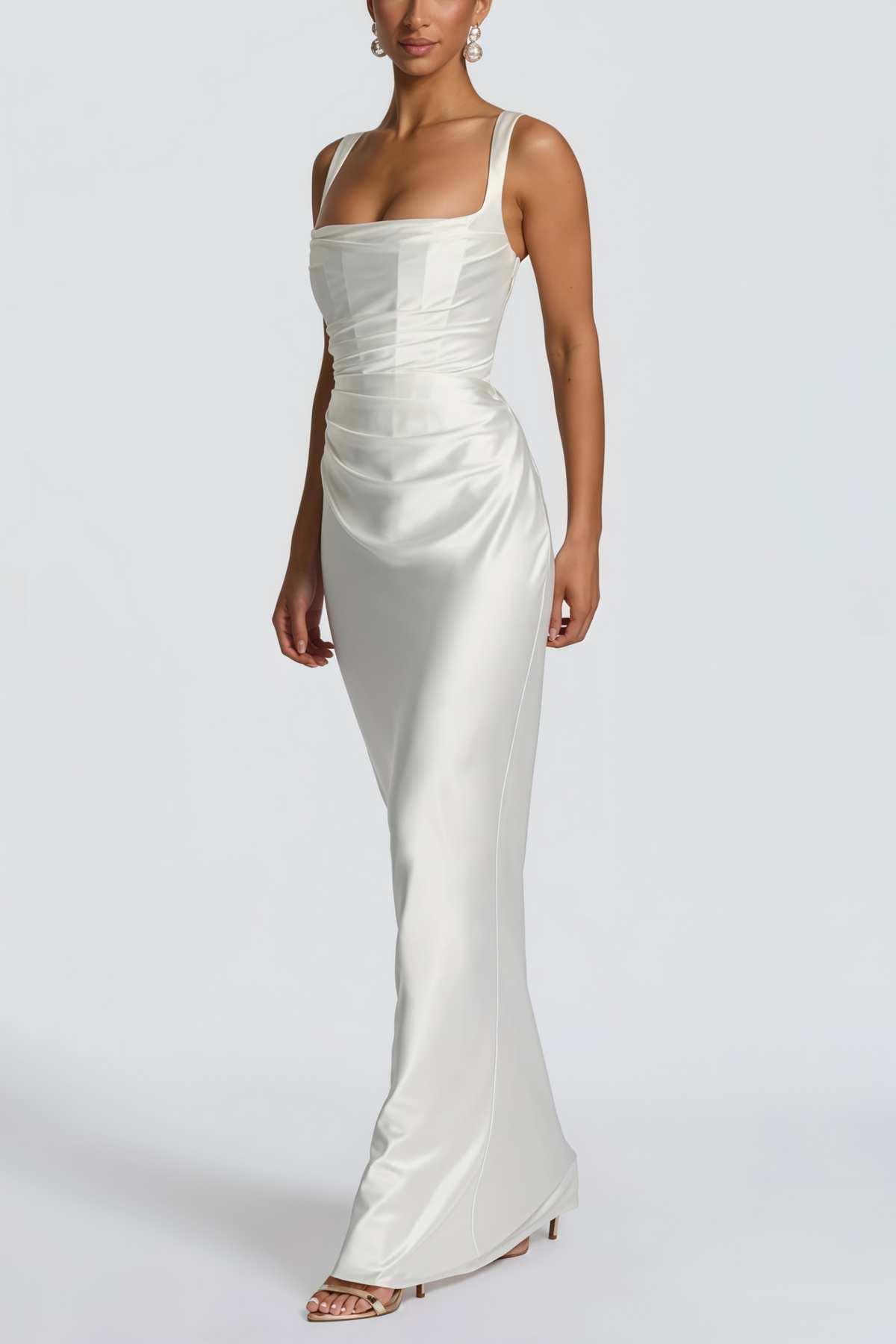 Inmaculada White Ruched Satin Maxi Dress (Without Gloves)