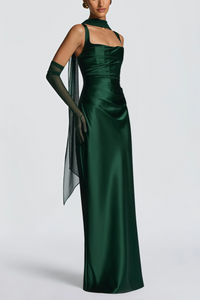 Inmaculada Emerald Ruched Satin Maxi Dress (Without Gloves)