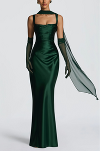 Inmaculada Emerald Ruched Satin Maxi Dress (Without Gloves)