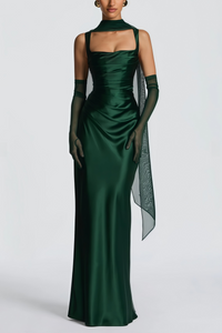 Inmaculada Emerald Ruched Satin Maxi Dress (Without Gloves)