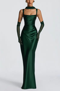 Inmaculada Emerald Ruched Satin Maxi Dress (Without Gloves)