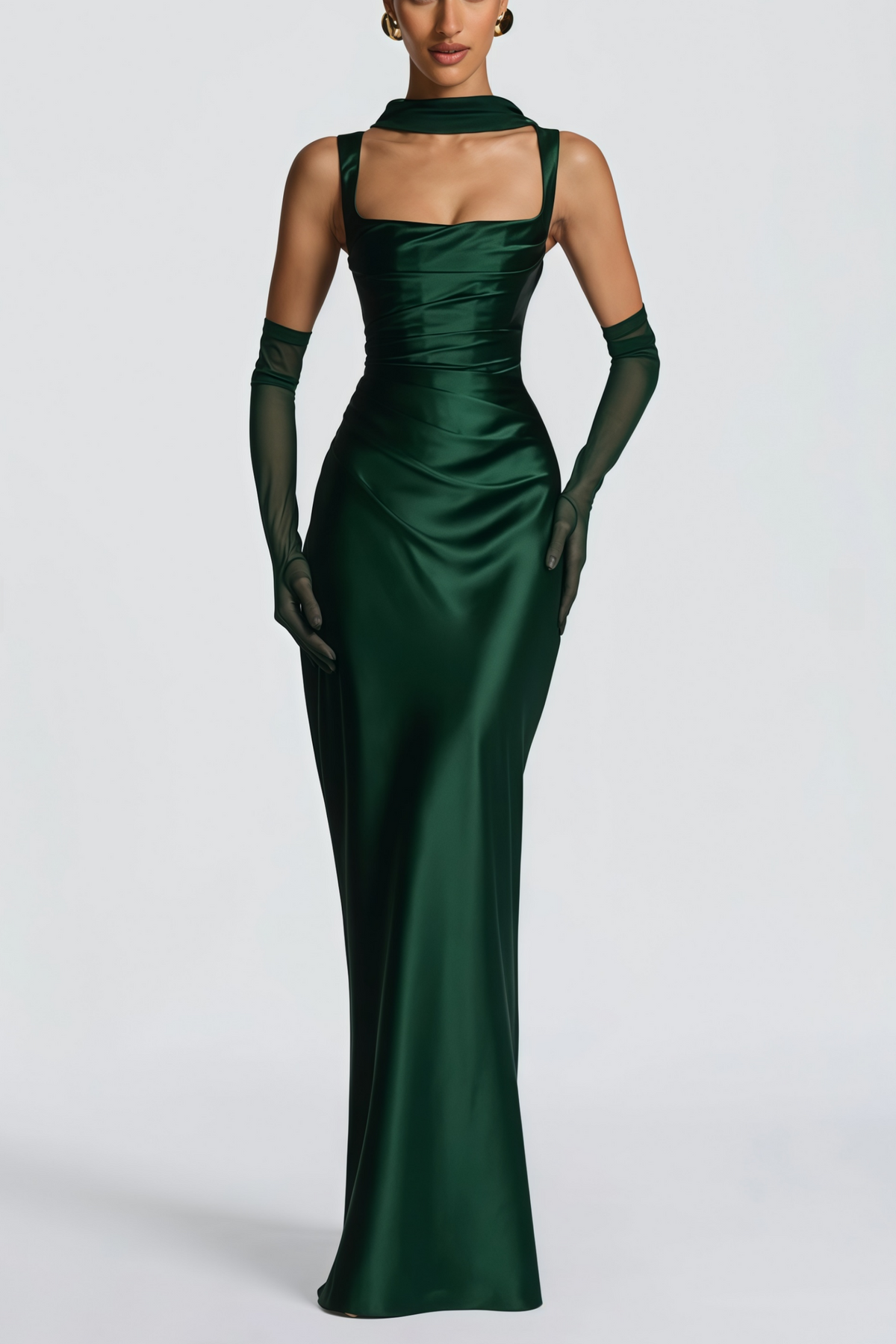 Inmaculada Emerald Ruched Satin Maxi Dress (Without Gloves)