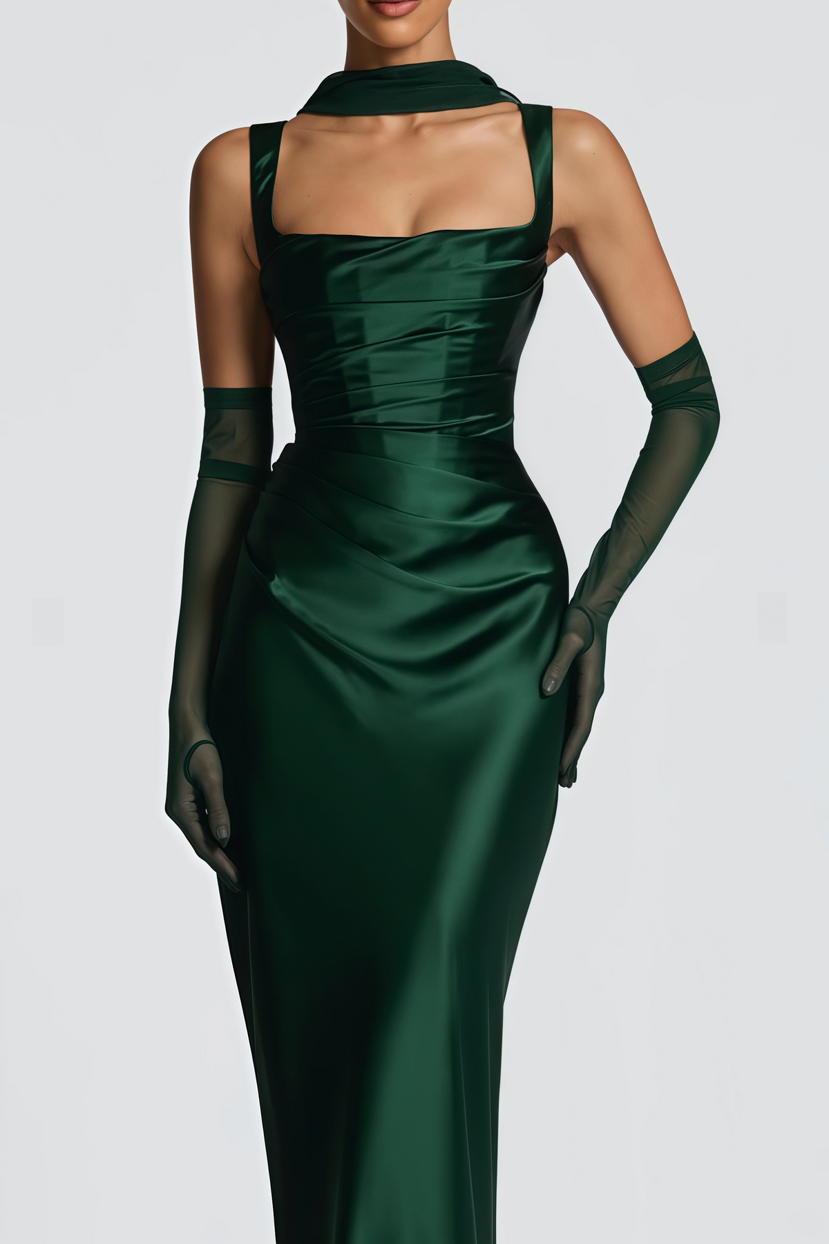 Inmaculada Emerald Ruched Satin Maxi Dress (Without Gloves)