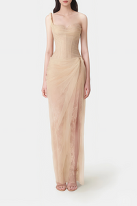 Juno Neutral Pleated Mesh Midi Dress