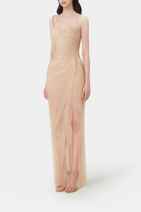 Juno Neutral Pleated Mesh Midi Dress