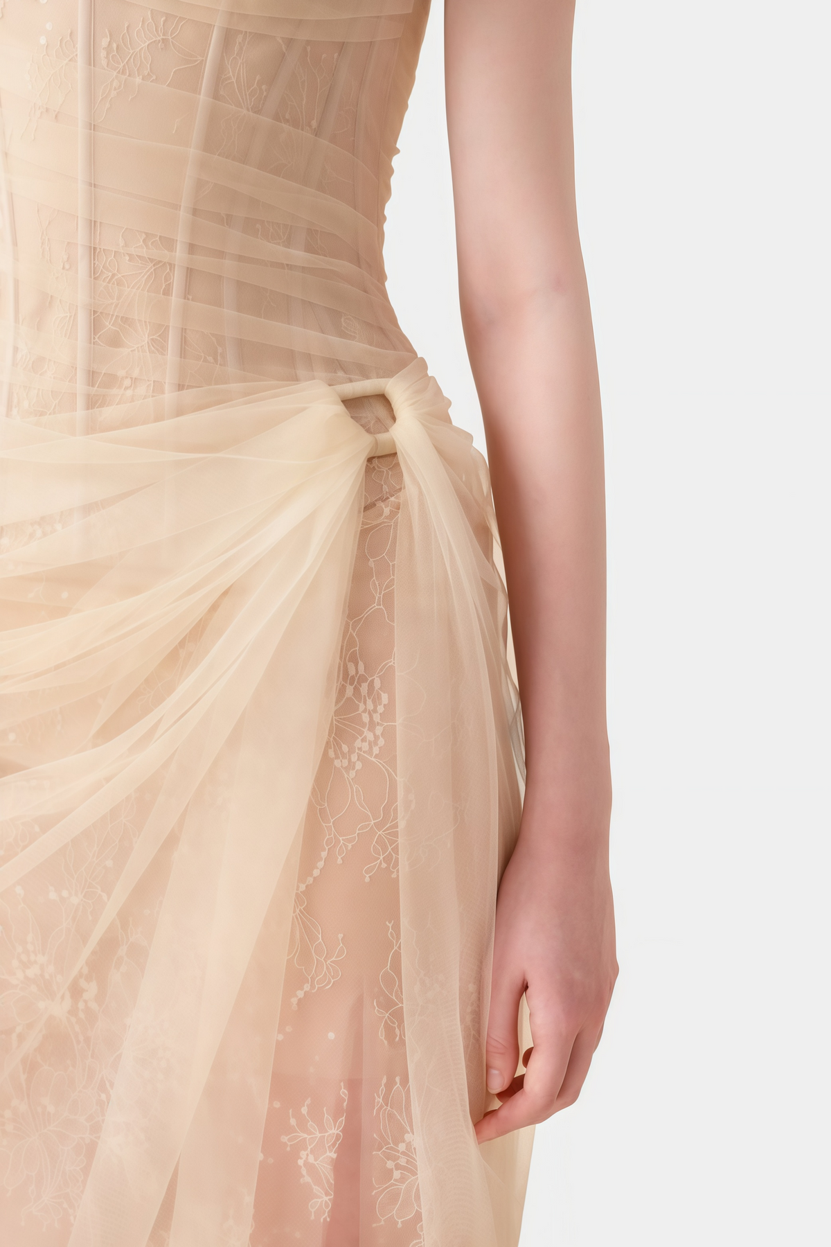 Juno Neutral Pleated Mesh Midi Dress
