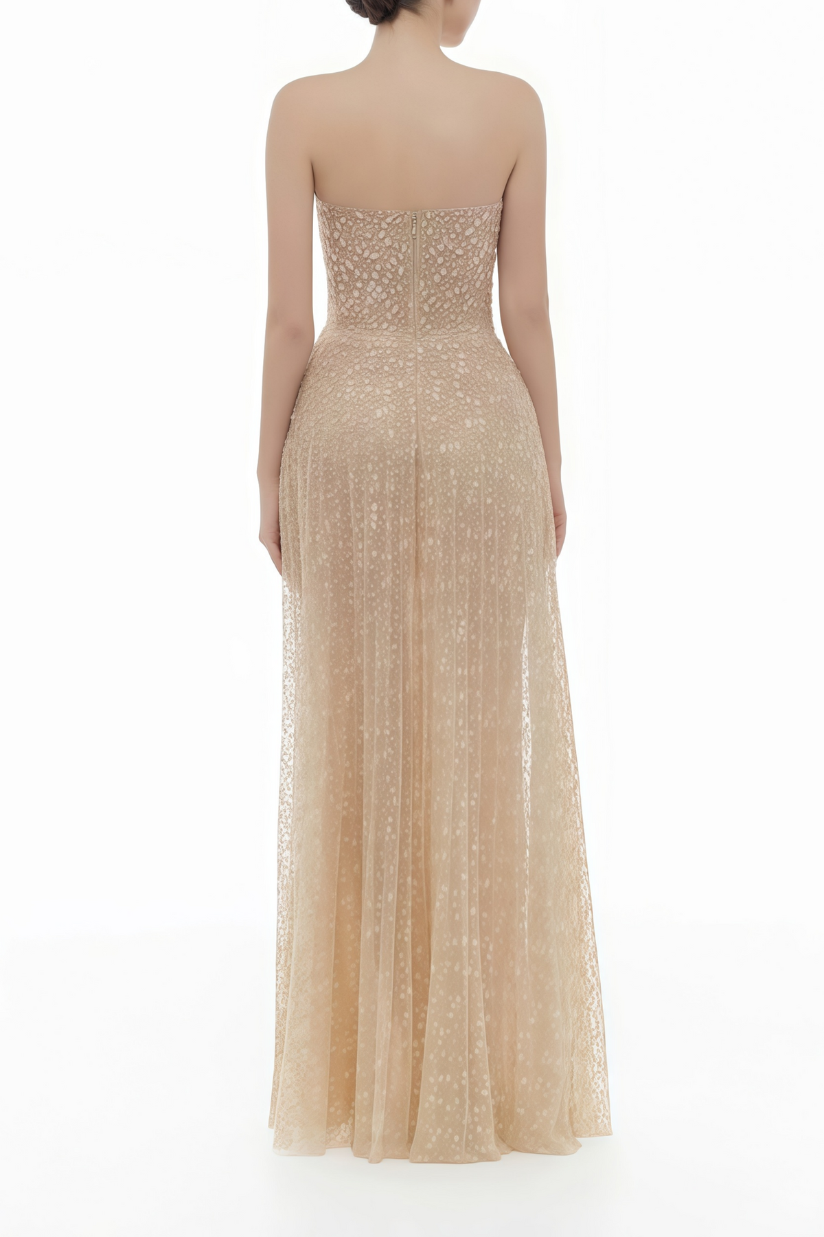 Ginetta Neutral Sequined Floral Lace Maxi Dress