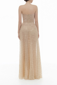 Ginetta Neutral Sequined Floral Lace Maxi Dress