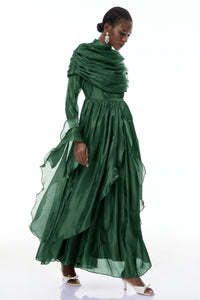 Gustave Green Ruched Cape Ruffled Maxi Dress