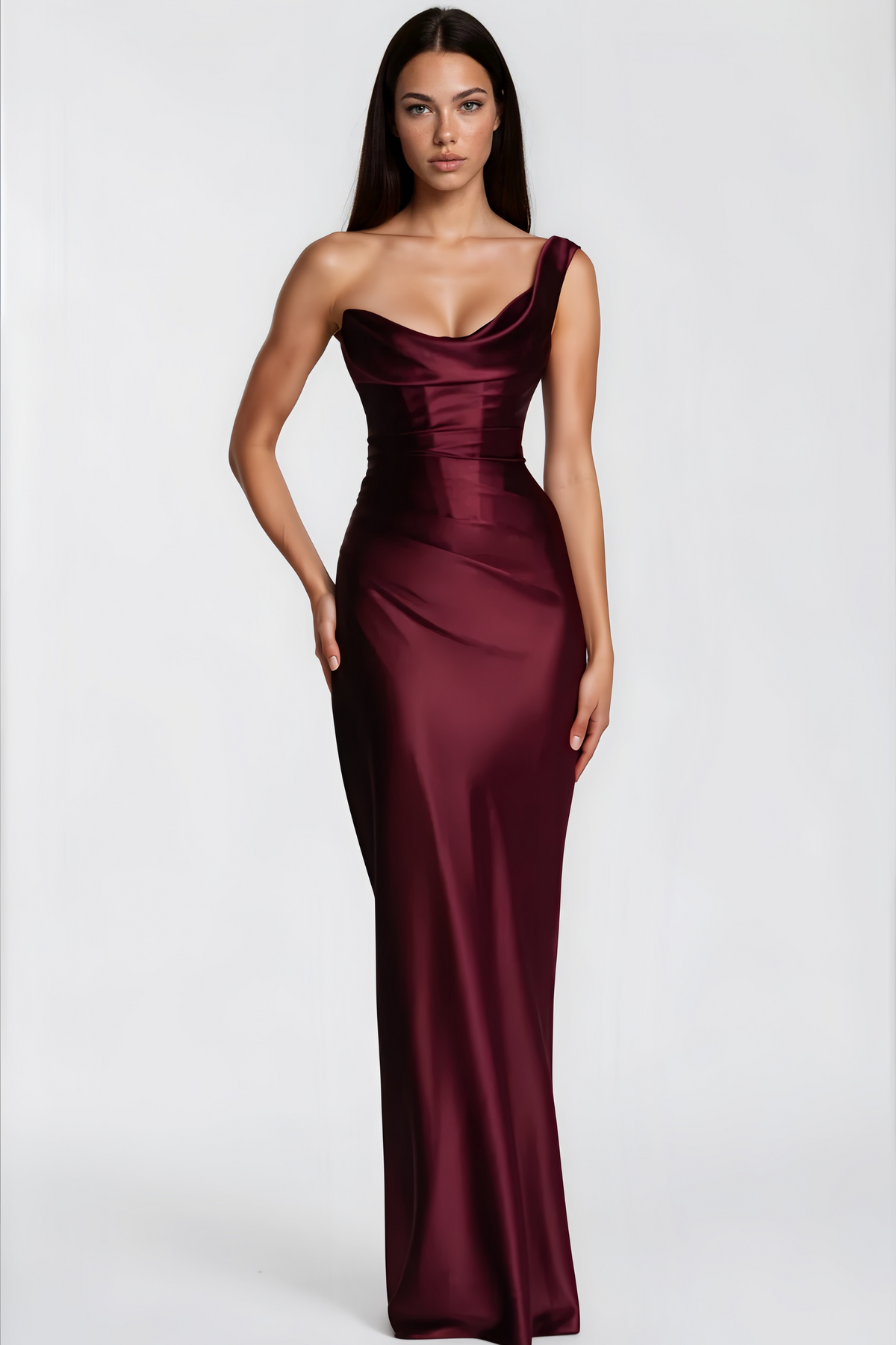 Hannah Burgundy One Shoulder Satin Maxi Dress