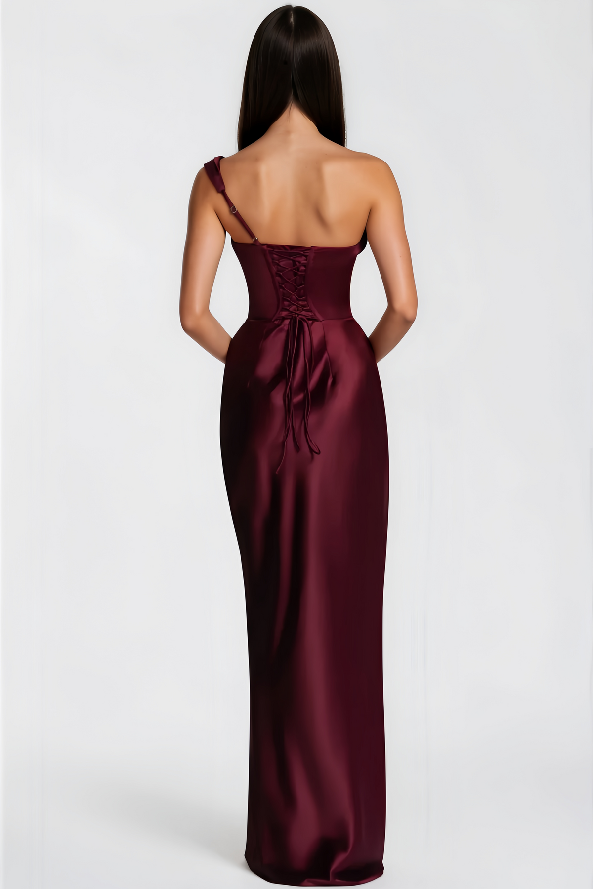Hannah Burgundy One Shoulder Satin Maxi Dress