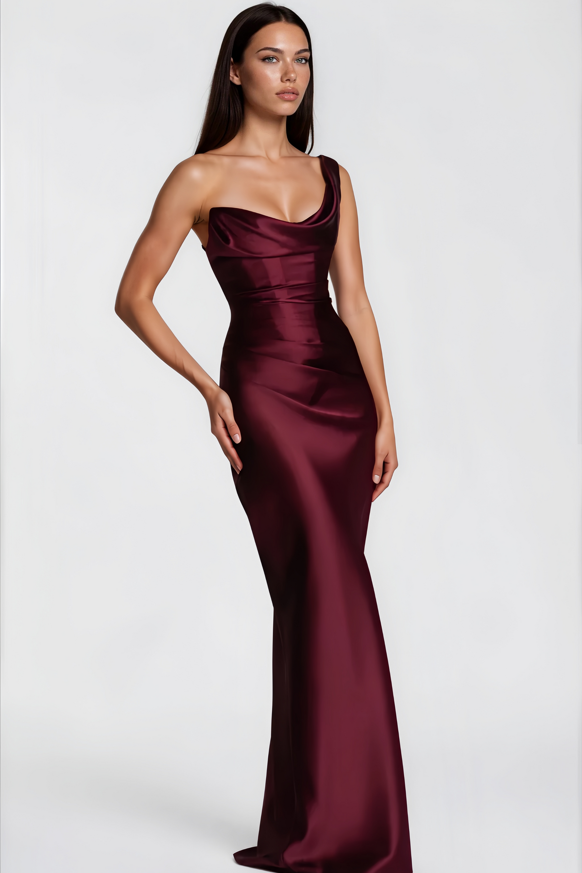 Hannah Burgundy One Shoulder Satin Maxi Dress