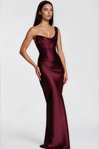 Hannah Burgundy One Shoulder Satin Maxi Dress