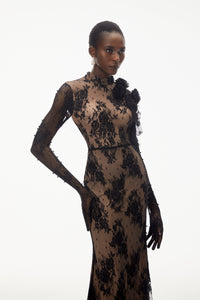 Arabella Black Mock Neck Sequin Lace Maxi Dress