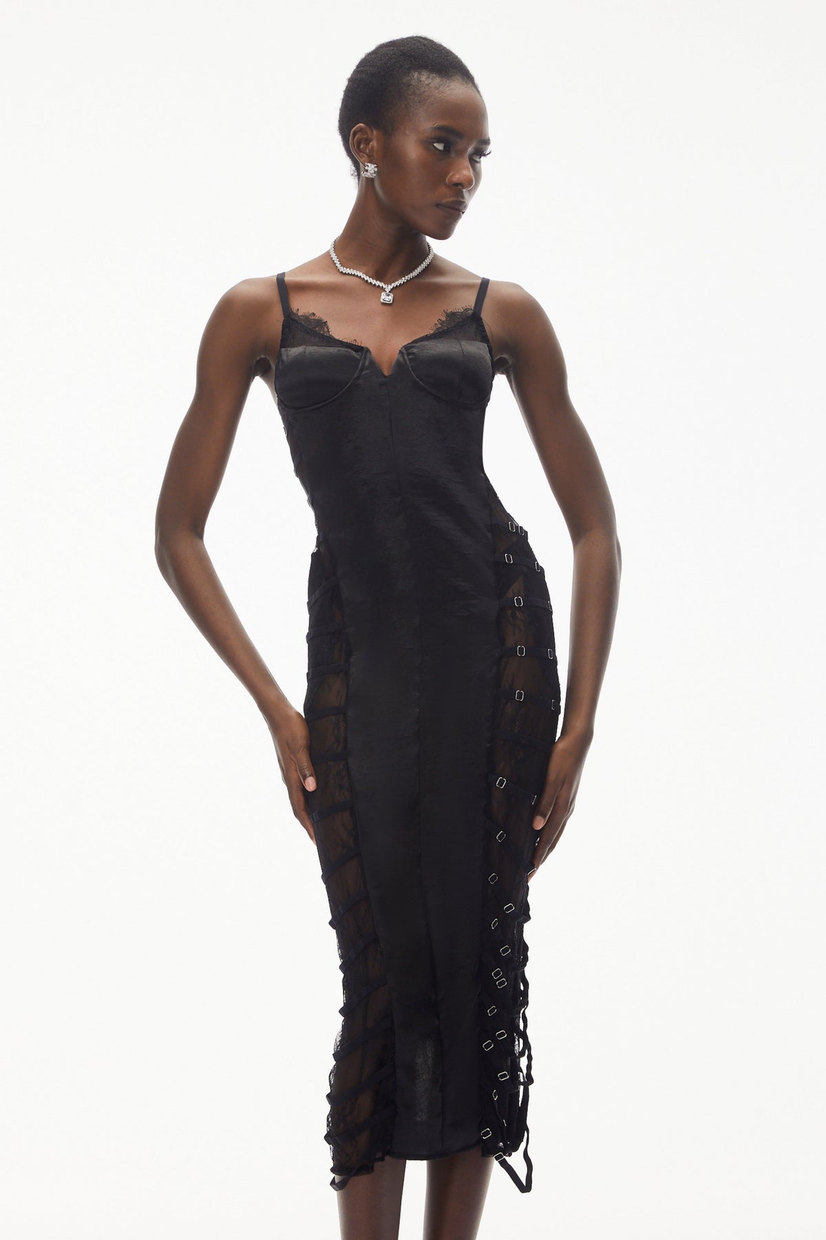 Melora Black Floral Lace Semi-Sheer Midi Dress