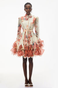 Omphale Cream Floral Lace Mini Dress with Tie-Front