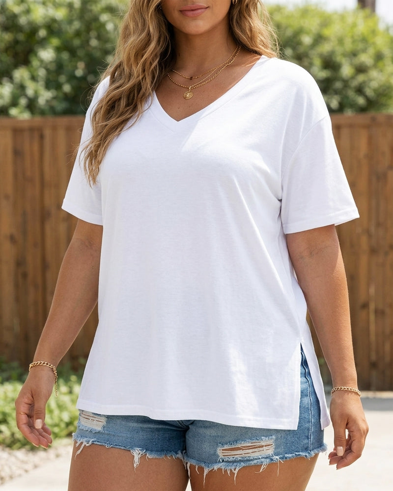 Longer Sleeve Plus Size V-Neck T-Shirt — Covers Your Arms & Hides Your Belly