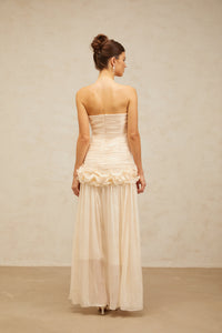 Céleste neutrals ruffled pleated maxi dress